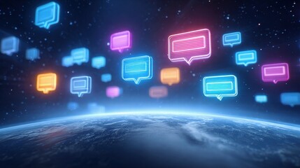 Fototapeta premium Social media platform governance concept. Floating neon chat bubbles over Earth symbolize global digital communication and social media interaction in a futuristic, space-like environment.