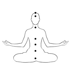 Chakras location in body. Silhouette of human in Lotus position on white background, illustration