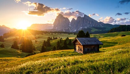 Mountain chalet at sunset