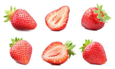Fresh juicy strawberries isolated on white, collage. Whole and sliced