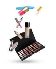 Eyeshadow palette and other makeup cosmetics in air against white background