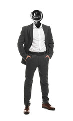 Businessman with CCTV camera instead of his head on white background