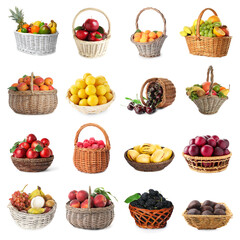 Many fresh fruits and berries in baskets isolated on white, collage