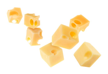 Cheese cubes in air against white background