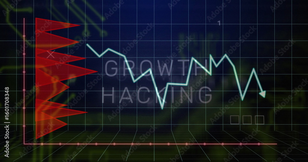 Poster displaying light cyan zigzag line graph showing data trends on 3d grid, with growth hacking overlay