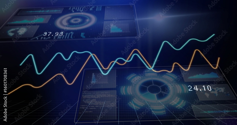 Poster floating data panels showing line graphs, bar charts and map overlays in holographic control system