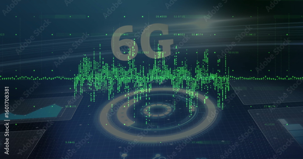 Poster displaying holographic 6g interface projecting data hub in virtual dashboard, with green waveform