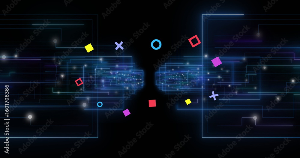 Poster connecting neon-blue circuit clusters converging in data grid, with floating colored shapes