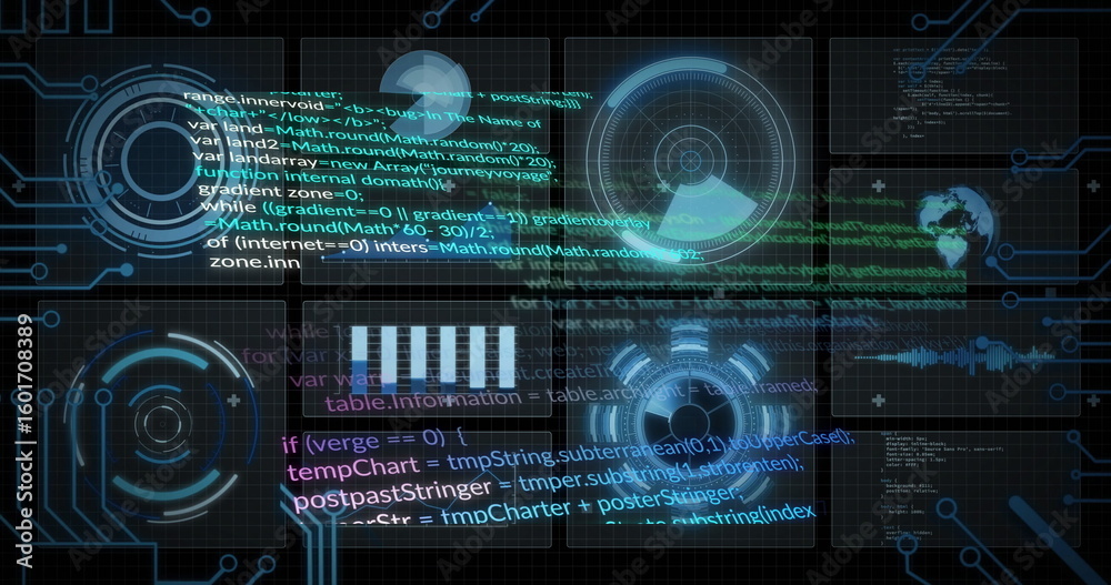 Poster presenting digital hud interface streaming code over grid backdrop, with bar chart and world map