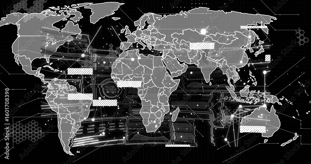 Poster displaying network in dashboard linking world map outlines glowing nodes and connecting lines
