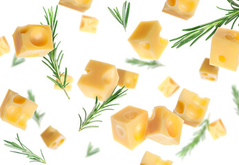 Cheese cubes and rosemary falling against white background