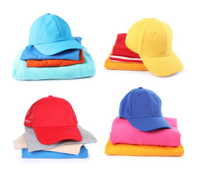 Baseball caps in different colors and stacked clothes isolated on white, set