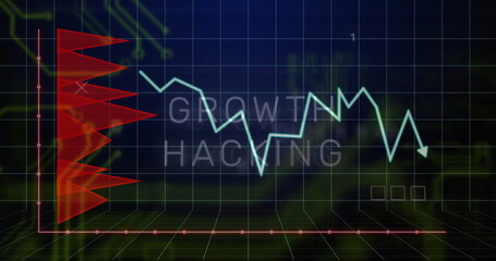 Displaying light cyan zigzag line graph showing data trends on 3D grid, with growth hacking overlay