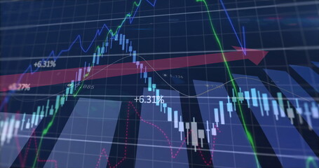 Displaying financial chart on blue grid, with candlestick bars, trend lines and red arrow