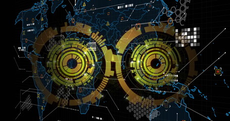 Concentric HUD rings rotating over world map in control-room interface, with thin data lines