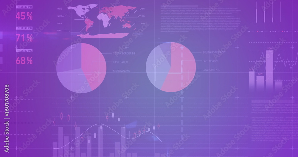 Poster data dashboard floating on grid, showing percentage metrics world map, pie, bar and line charts