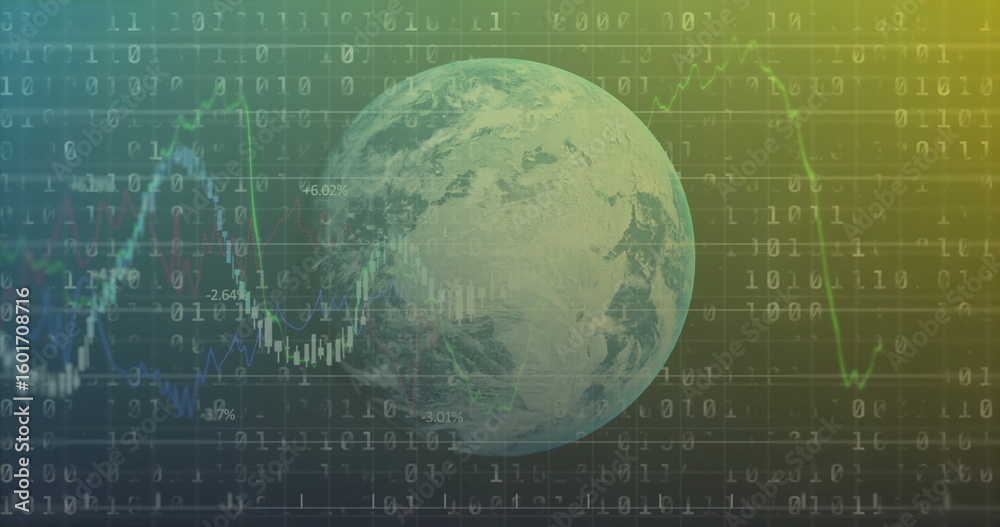Poster showing earth globe in data hub, with binary overlay and colorful line charts showing percentages