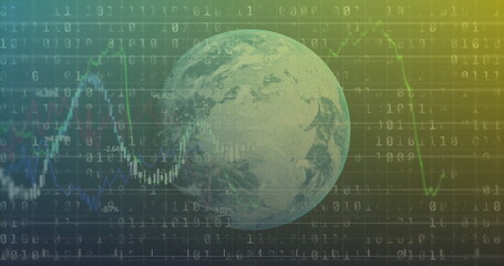 Showing Earth globe in data hub, with binary overlay and colorful line charts showing percentages