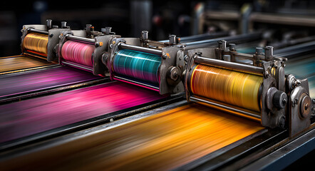 Industrial printing press rollers transferring vibrant ink onto paper at high speed