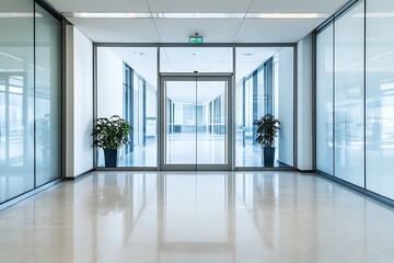 Fototapeta premium Modern office building interior with glass walls, automatic doors and shiny floor. Contemporary design