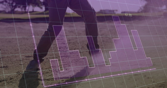 Stepping baseball player in uniform pants planting cleats onto infield with purple data overlay