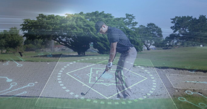 Swinging golfer in golf clothes hitting ball with club in bunker on course with holographic overlay