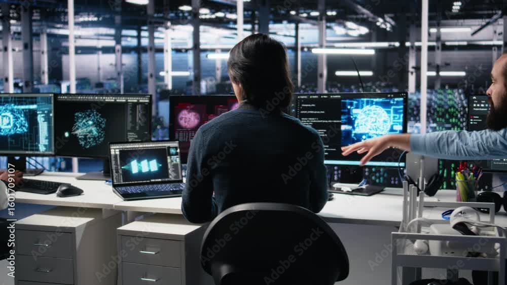 Fototapete team of engineers in data center struggles with malfunctions while using ai tools. frustrated teamwo