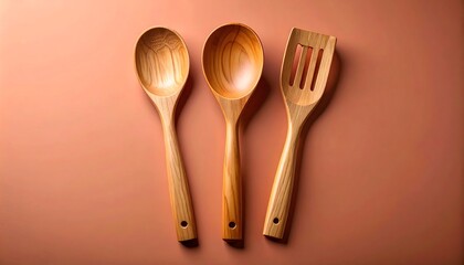Wooden Kitchen Utensils Arranged on Warm Tone Surface