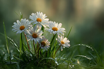 Realistic cluster of daisies blooming beautifully in lush green grass under soft natural sunlight