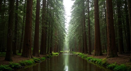 Obraz premium Forest Path Scenery with Tall Trees and Sunlight