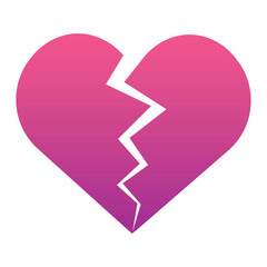 Pink Heart broken to two pieces vector illustration icon or logo, broken heart concept, breakup or divorce, heartbreak regret, separated couple, tragic love. Broken purple Heart Emoji.