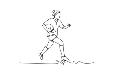 Fototapeta premium Continuous one line drawing young energic female rugby player in motion at stadium. Professional sport, competition, motivation, game, championship. Single line draw design vector graphic illustration