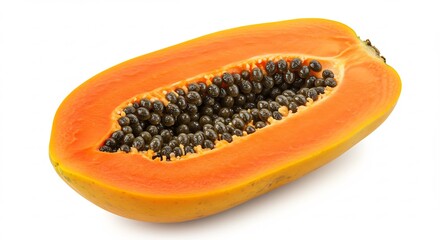 Ripe papaya half showcases vibrant orange flesh and numerous dark seeds against a bright white background. AI Generated