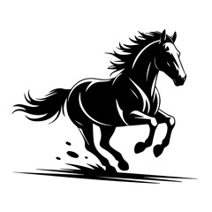Powerful black horse in full gallop creating a dynamic splash of water and dust with its hooves against a white background