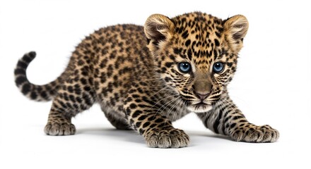 Fototapeta premium Adorable Leopard Cub Softly Steps Forward Bright Studio Lighting. AI Generated
