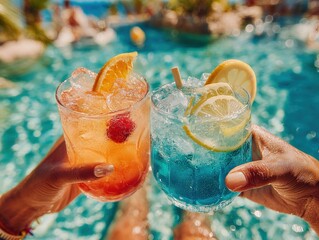 Hands holding colorful cocktails with ice, lemon and orange slices by the poolside on summer vacation