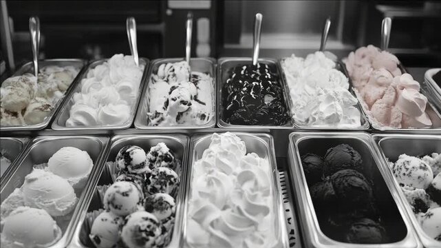 Several assorted ice cream sundaes in rows of trays, featuring a variety of flavors and toppings. The close-up  showcases the delightful array of sweet treats.
