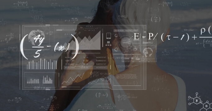 Viewing senior couple examining sea shore data overlay, with binoculars, charts and equations