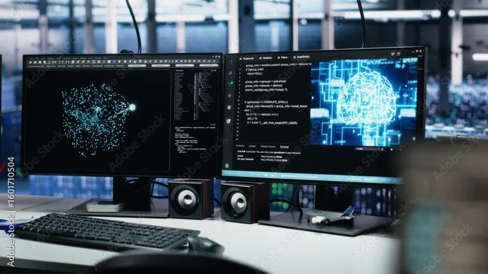 Poster monitors in data center displaying ai tech software interface monitoring infrastructure health. visu