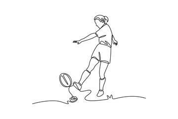 Single continuous line drawing beauty female rugby player kicking ball to score goal on field at game, match, practice. Fitness, motion, energy, skill. One line draw graphic design vector illustration