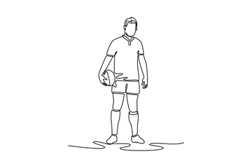 Single continuous line drawing concentrated male rugby player in uniform with ball standing on field. Sports, competition, motivation, game, championship. One line graphic design vector illustration