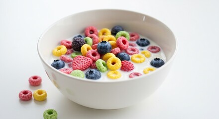 Colorful cereal rings swim in creamy milk a vibrant breakfast. AI Generated