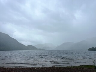 Foggy and rainy day on the lake 