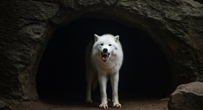 Majestic arctic wolf emerges dramatically from dark cave entrance. AI Generated - Powered by Adobe