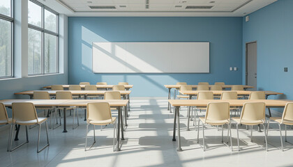 Modern empty classroom with blue wall sunlight and whiteboard clean educational interior with desks and chairs in learning environment back to school concept with natural light and symmetry
