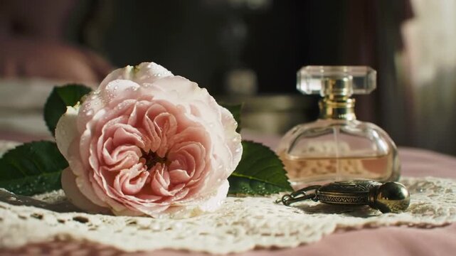 Elegant still life with a pink rose perfume bottle and vintage watch on a lace doily