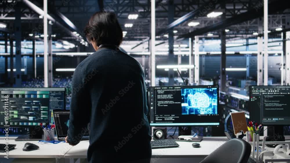 Poster technician arriving in data center office, coding with generative ai assistance. it expert sitting a