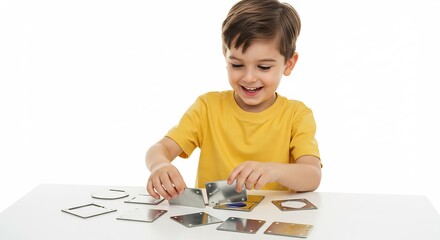 Happy child playfully arranges colorful reflective shapes bright studio lighting. AI Generated