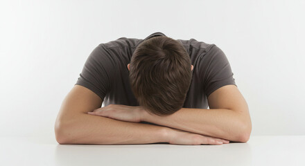 Burnout and exhaustion captured through withdrawn posture and body expression.