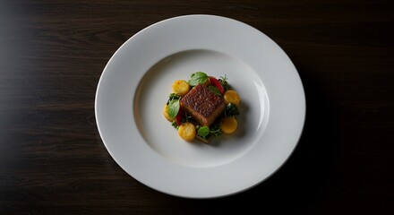 Delicious roasted meat garnished with vibrant yellow vegetables sits elegantly on a white plate under soft light. AI Generated